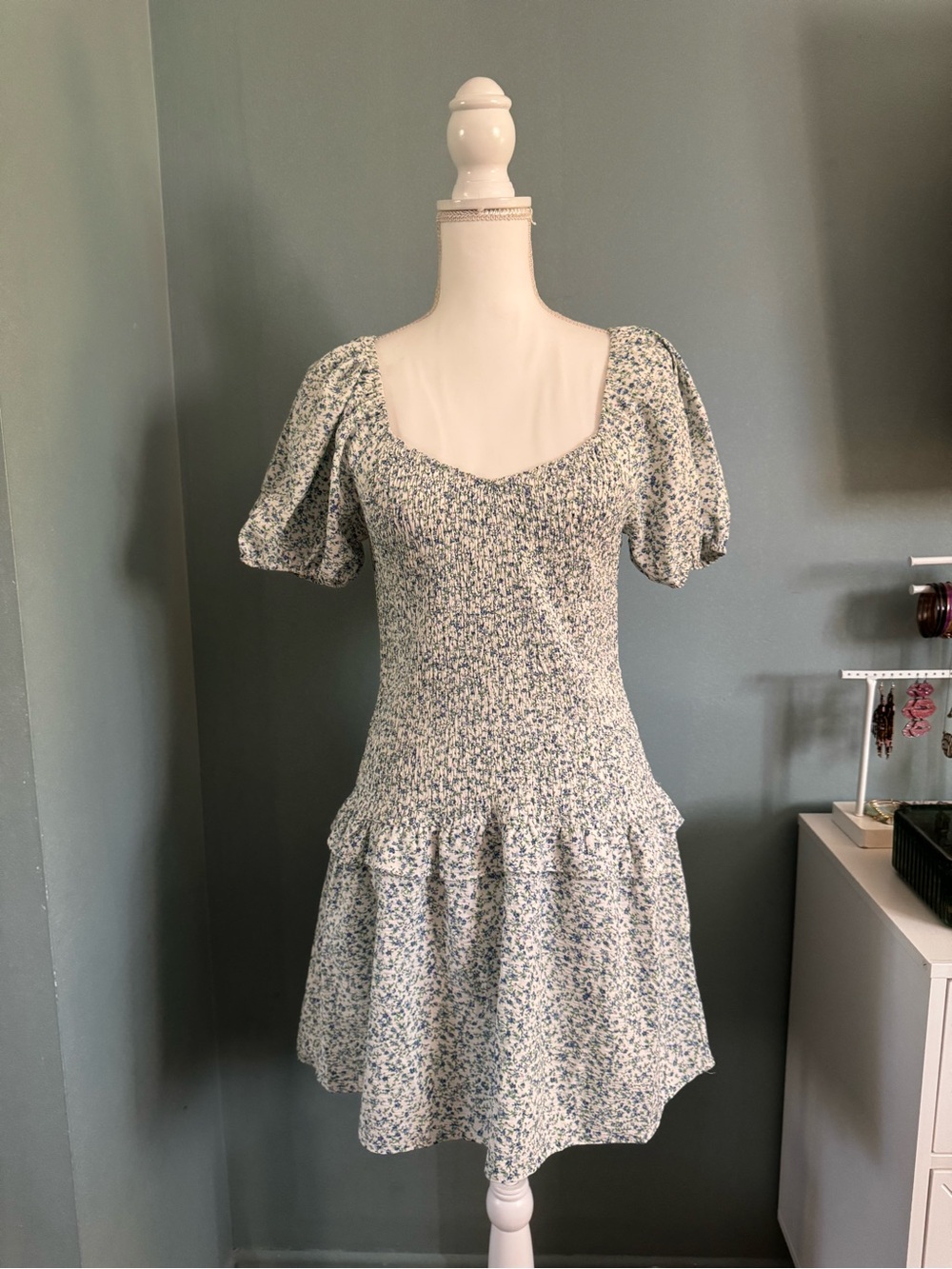 NWT VERNACULAR Floral Puff-Sleeve Ruched Drop Waist Sundress Blue MEDIUM